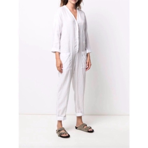 James Perse white v neck button front long sleeve linen jumpsuit sz 3 = Large - Picture 2 of 14